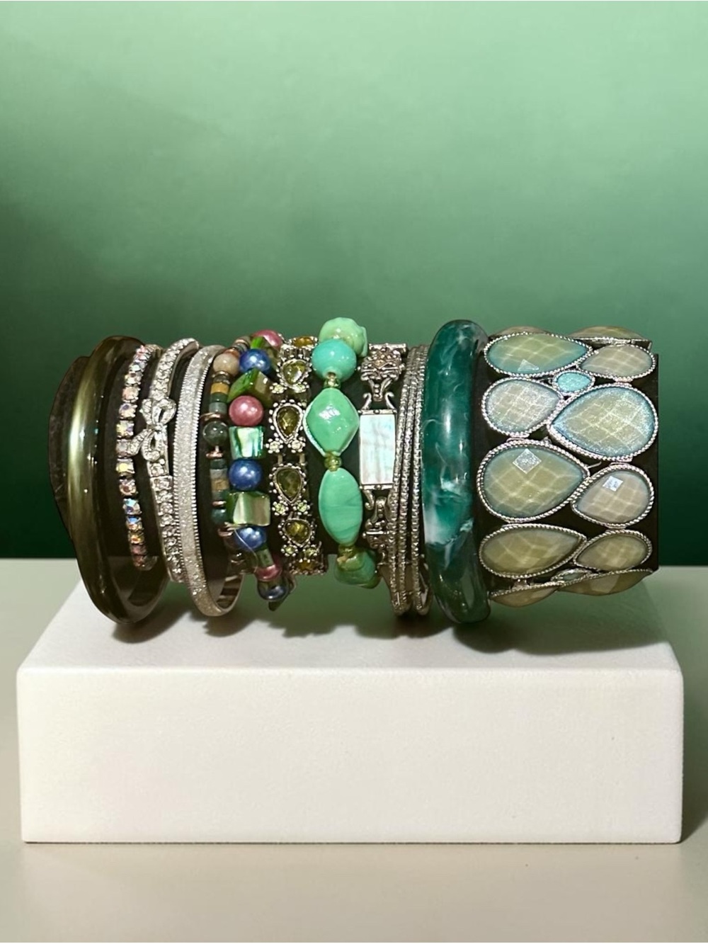Boho Mint Green & Turquoise Mixed Media Bracelet Stack Set | Eclectic Layered